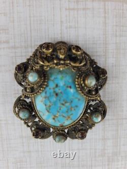RARE Vintage 1920s Neiger Bros Robins Egg Blue Glass Rhinestone Face Brooch READ