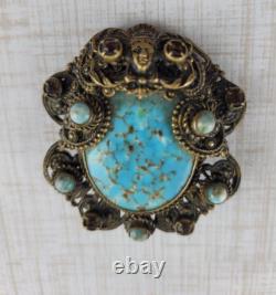 RARE Vintage 1920s Neiger Bros Robins Egg Blue Glass Rhinestone Face Brooch READ