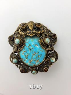RARE Vintage 1920s Neiger Bros Robins Egg Blue Glass Rhinestone Face Brooch READ