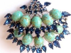 RARE! Vintage 60's Christian Dior Turquoise & Blue Rhinestone Pin Brooch