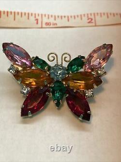 RARE Vintage Juliana Prong Set Multi-Colored Rhinestones Butterfly Brooch Pin