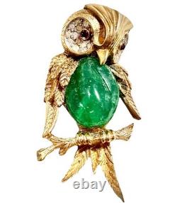 RARE Vintage Marcel Boucher 7897P Owl Brooch Figural Green Belly Rhinestone HTF