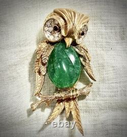 RARE Vintage Marcel Boucher 7897P Owl Brooch Figural Green Belly Rhinestone HTF