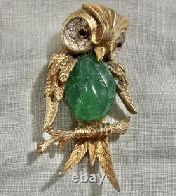 RARE Vintage Marcel Boucher 7897P Owl Brooch Figural Green Belly Rhinestone HTF