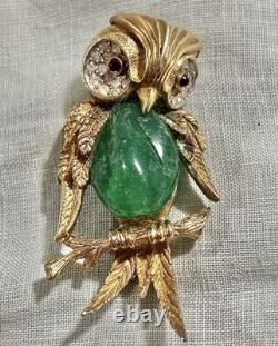 RARE Vintage Marcel Boucher 7897P Owl Brooch Figural Green Belly Rhinestone HTF