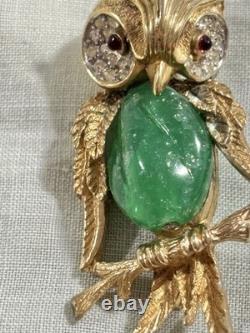 RARE Vintage Marcel Boucher 7897P Owl Brooch Figural Green Belly Rhinestone HTF