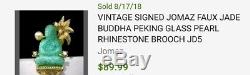 RARE Vintage Mazer Jomaz Peking Glass Jade Pearl Rhinestone Buddha BOOK P Brooch