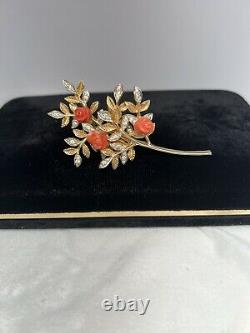RARE Vintage Nettie Rosenstein Brooch Withcarved Coral Roses & Rhinestones