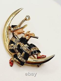 RARE Vintage SIGNED JOLLE Trembler JESTER in A MOON Rhinestone BROOCH PIN