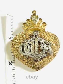 RARE Vintage Signed CHRISTIAN DIOR LOGO Rhinestone Heart & Crown Brooch Pin