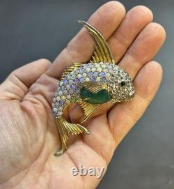 RARE Vintage Signed CINER Gold Tone Fish Brooch Pin Jelly Belly Opal Rhinestone