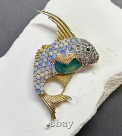 RARE Vintage Signed CINER Gold Tone Fish Brooch Pin Jelly Belly Opal Rhinestone