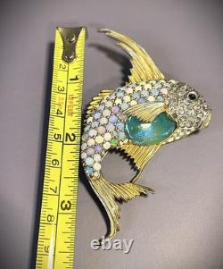 RARE Vintage Signed CINER Gold Tone Fish Brooch Pin Jelly Belly Opal Rhinestone