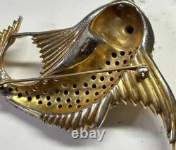 RARE Vintage Signed CINER Gold Tone Fish Brooch Pin Jelly Belly Opal Rhinestone