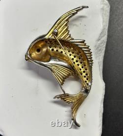 RARE Vintage Signed CINER Gold Tone Fish Brooch Pin Jelly Belly Opal Rhinestone