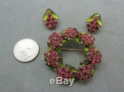 RARE Vintage Verified D&E JULIANA Pink Green Rhinestone Brooch Earrings Set