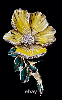 RARE Vtg 1940s Deja Enamel Rhinestone FLOWER Figural Brooch Pin Fur Clip