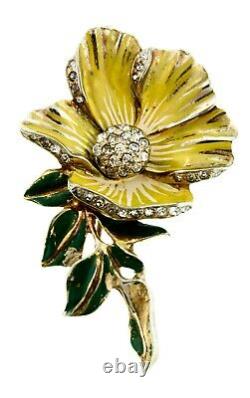 RARE Vtg 1940s Deja Enamel Rhinestone FLOWER Figural Brooch Pin Fur Clip