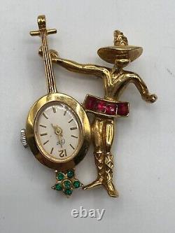 RARE Vtg Coro Mariachi Musician Mechanical Watch Brooch Pin Mid-Century Estate