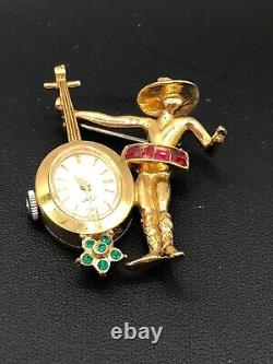 RARE Vtg Coro Mariachi Musician Mechanical Watch Brooch Pin Mid-Century Estate