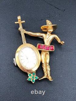 RARE Vtg Coro Mariachi Musician Mechanical Watch Brooch Pin Mid-Century Estate