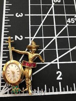 RARE Vtg Coro Mariachi Musician Mechanical Watch Brooch Pin Mid-Century Estate