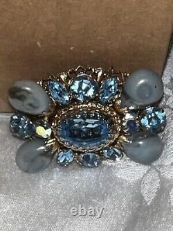 REGENCY Blue Art Glass Beads & Rhinestone Brooch Signed Vintage Jewelry