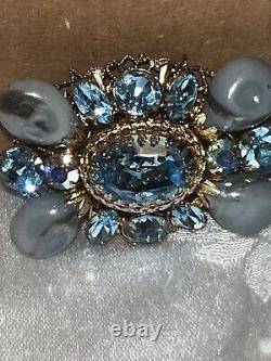 REGENCY Blue Art Glass Beads & Rhinestone Brooch Signed Vintage Jewelry