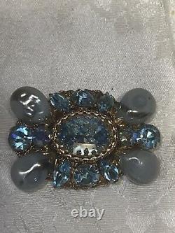 REGENCY Blue Art Glass Beads & Rhinestone Brooch Signed Vintage Jewelry