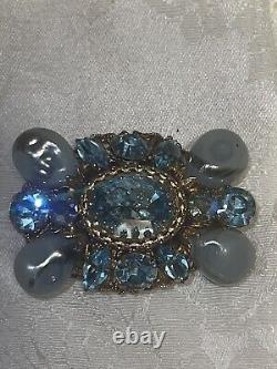 REGENCY Blue Art Glass Beads & Rhinestone Brooch Signed Vintage Jewelry