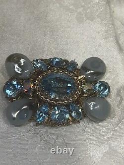 REGENCY Blue Art Glass Beads & Rhinestone Brooch Signed Vintage Jewelry