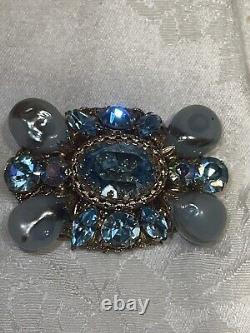 REGENCY Blue Art Glass Beads & Rhinestone Brooch Signed Vintage Jewelry