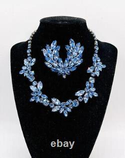 REGENCY Electric Blue Rhinestone Necklace & Brooch Demi Signed Vintage Jewelry