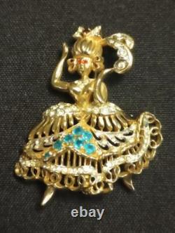 REJA vintage brooch Lady in Traditional Dress Rhinestones Gold Tone Filigree