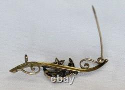 Rare Antique 1800s Victorian gold brooch pin moon and star with Rhinestones