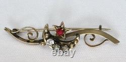 Rare Antique 1800s Victorian gold brooch pin moon and star with Rhinestones