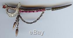 Rare Coro Sterling Vintage Rhinestone And Ruby Red Baguettes Sword Pin Brooch