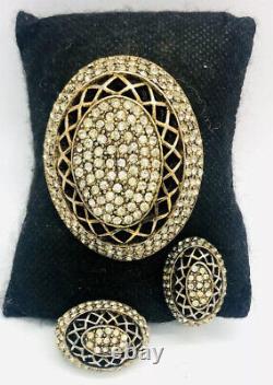 Rare HAR Pave Set Clear Rhinestone Open Work Brooch Earring Demi Vintage Jewelry