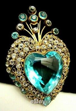Rare Signed Hobe' Vintage 3 Sterling Openback Blue Glass Heart Brooch Pin M3