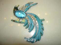 Rare VTG Coro Boucher Aqua Rhinestone Enamel Bird Of Paradise Large Brooch Pin