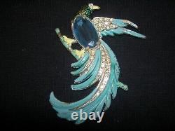 Rare VTG Coro Boucher Aqua Rhinestone Enamel Bird Of Paradise Large Brooch Pin