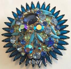 Rare Verified Vintage Juliana D&e Blue & Turquoise Rhinestone 3 Flower Brooch