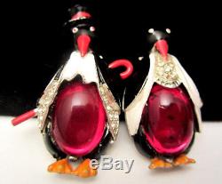 Rare Vintage 1-3/4 Coro Enamel Rhinestone Mr & Mrs Penguin Fur Dress Clips A15