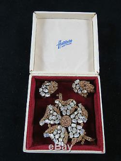 Rare Vintage 1950's / 60's Crown Trifari Goldtone Rhinestone Brooch & Earrings