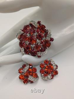 Rare Vintage 1950s Eisenberg Brooch And Clip Earring Set Red Stones, Ornate