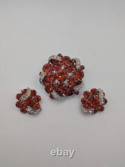 Rare Vintage 1950s Eisenberg Brooch And Clip Earring Set Red Stones, Ornate