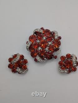 Rare Vintage 1950s Eisenberg Brooch And Clip Earring Set Red Stones, Ornate