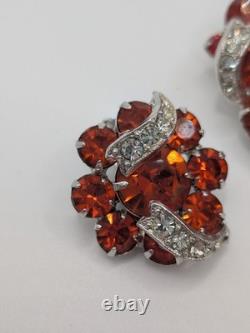 Rare Vintage 1950s Eisenberg Brooch And Clip Earring Set Red Stones, Ornate
