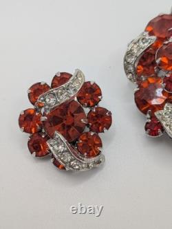 Rare Vintage 1950s Eisenberg Brooch And Clip Earring Set Red Stones, Ornate