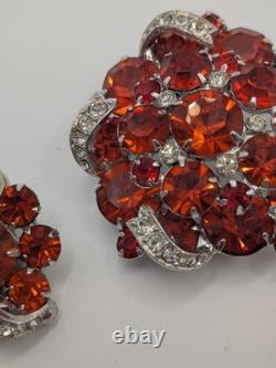 Rare Vintage 1950s Eisenberg Brooch And Clip Earring Set Red Stones, Ornate